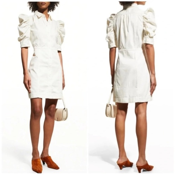Frame Gillian Denim Mini Puff Sleeve Shirt Dress White NWT - Picture 1 of 9